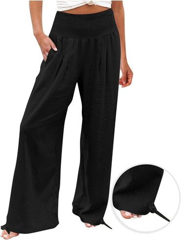 Womens Linen Wide Leg Pants Beach Vacation Outfits Summer Boho Casual Lounge Pant Flowy High Waist Palazzo Trousers in Saudi Arabia