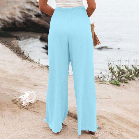 Womens Linen Wide Leg Pants Beach Vacation Outfits Summer Boho Casual Lounge Pant Flowy High Waist Palazzo Trousers in Saudi Arabia
