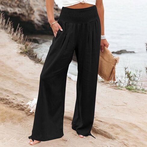 Womens Linen Wide Leg Pants Beach Vacation Outfits Summer Boho Casual Lounge Pant Flowy High Waist Palazzo Trousers in Saudi Arabia