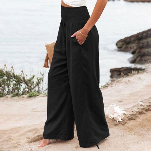 Womens Linen Wide Leg Pants Beach Vacation Outfits Summer Boho Casual Lounge Pant Flowy High Waist Palazzo Trousers in Saudi Arabia