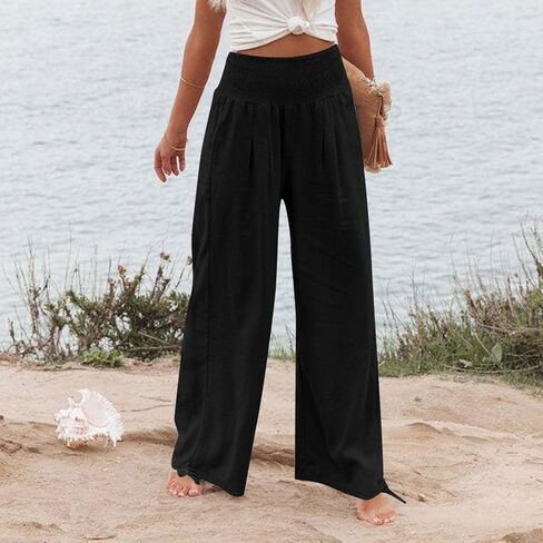 Womens Linen Wide Leg Pants Beach Vacation Outfits Summer Boho Casual Lounge Pant Flowy High Waist Palazzo Trousers in Saudi Arabia