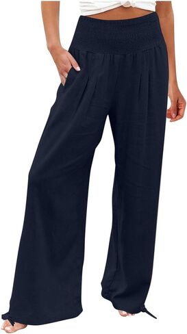 Womens Linen Wide Leg Pants Beach Vacation Outfits Summer Boho Casual Lounge Pant Flowy High Waist Palazzo Trousers in Saudi Arabia