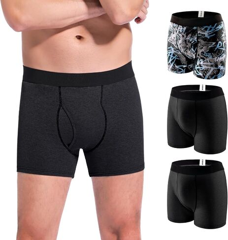 Carer Incontinence Underwear for Men Washable Mens Incontinence Boxer Briefs with Front Absorbent for Bladder Leakage 100ML 3 PCS Cotton Reusable Leak Proof Underwear for Men (XL, Pattern/Black/Gray) in Kuwait