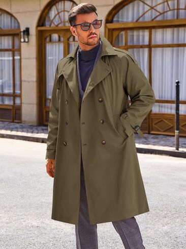 معطف Runcati الرجالي ذو الصدر المزدوج، سترة طويلة كاجوال، سترة واقية من الرياح، معطف بحزام وطية صدر مدببة in Kuwait