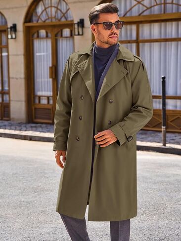 معطف Runcati الرجالي ذو الصدر المزدوج، سترة طويلة كاجوال، سترة واقية من الرياح، معطف بحزام وطية صدر مدببة in Kuwait