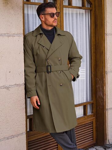 معطف Runcati الرجالي ذو الصدر المزدوج، سترة طويلة كاجوال، سترة واقية من الرياح، معطف بحزام وطية صدر مدببة in Kuwait