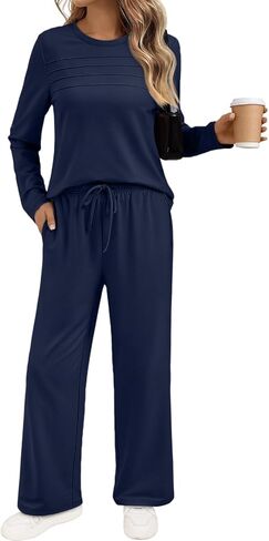 AUTOMET 2 Piece Lounge Sets for Women Fall Airport Travel Outfits with Wide Leg Pants Track Sweatsuits Fashion Clothes in Saudi Arabia