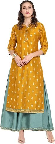 Janasya Indian Women's Mustard Foil Printed Poly Silk Ethnic Dress in Kuwait