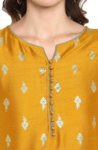 Janasya Indian Women's Mustard Foil Printed Poly Silk Ethnic Dress in Kuwait