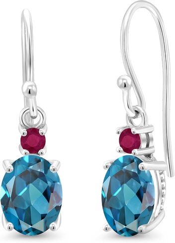 Gem Stone King 10K White Gold London Blue Topaz and Red Ruby Dangle Earrings For Women (2.84 Cttw, Gemstone Birthstone, Oval 8x6mm) in Saudi Arabia