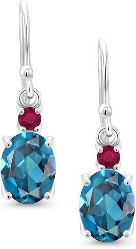 Gem Stone King 10K White Gold London Blue Topaz and Red Ruby Dangle Earrings For Women (2.84 Cttw, Gemstone Birthstone, Oval 8x6mm) in Saudi Arabia