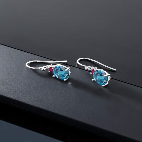 Gem Stone King 10K White Gold London Blue Topaz and Red Ruby Dangle Earrings For Women (2.84 Cttw, Gemstone Birthstone, Oval 8x6mm) in Saudi Arabia
