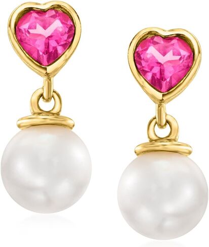 Ross-Simons 7.5-8mm Cultured Pearl and 1.00 ct. t.w. Pink Topaz Heart Drop Earrings in 18kt Gold Over Sterling in Saudi Arabia