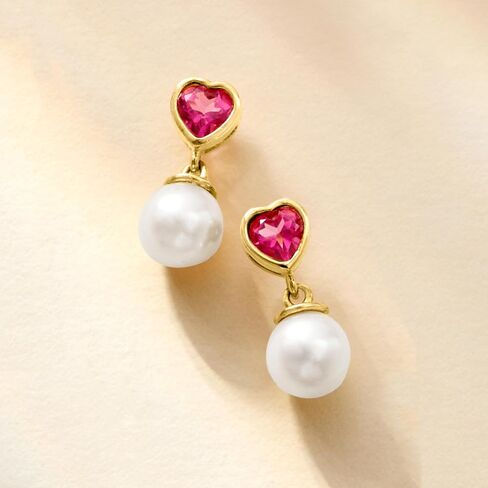 Ross-Simons 7.5-8mm Cultured Pearl and 1.00 ct. t.w. Pink Topaz Heart Drop Earrings in 18kt Gold Over Sterling in Saudi Arabia