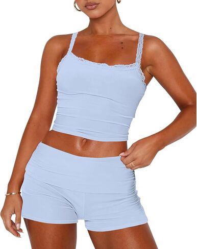RUEWEY Womens Lace Trim Pajama Sets Sleeveless Crop Top and Fold Over Shorts 2 Piece Lounge Set PJ Set Tracksuit Outfits in Kuwait