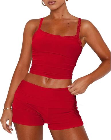 RUEWEY Womens Lace Trim Pajama Sets Sleeveless Crop Top and Fold Over Shorts 2 Piece Lounge Set PJ Set Tracksuit Outfits in Kuwait