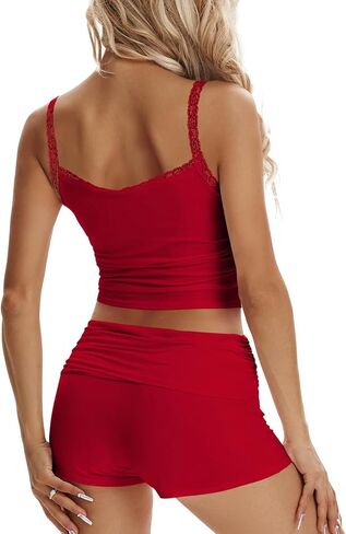 RUEWEY Womens Lace Trim Pajama Sets Sleeveless Crop Top and Fold Over Shorts 2 Piece Lounge Set PJ Set Tracksuit Outfits in Kuwait