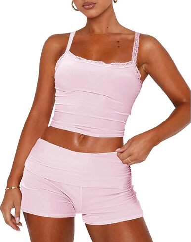 RUEWEY Womens Lace Trim Pajama Sets Sleeveless Crop Top and Fold Over Shorts 2 Piece Lounge Set PJ Set Tracksuit Outfits in Kuwait