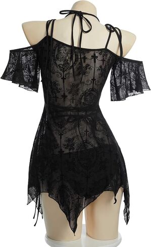 Meowcos Goth Bikini Flock Design Swimsuit Dark Style Gothic Gothic Suit With Up in Saudi Arabia