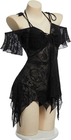 Meowcos Goth Bikini Flock Design Swimsuit Dark Style Gothic Gothic Suit With Up in Saudi Arabia