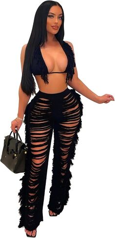 Sexy Women 2 Piece Bikini Outfits Hollow Out Tassel Halter Bra Top Long Fringe Pants Clubwear in Saudi Arabia