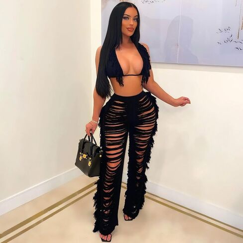 Sexy Women 2 Piece Bikini Outfits Hollow Out Tassel Halter Bra Top Long Fringe Pants Clubwear in Saudi Arabia