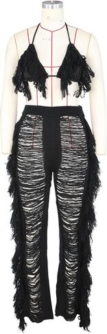 Sexy Women 2 Piece Bikini Outfits Hollow Out Tassel Halter Bra Top Long Fringe Pants Clubwear in Saudi Arabia