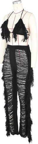 Sexy Women 2 Piece Bikini Outfits Hollow Out Tassel Halter Bra Top Long Fringe Pants Clubwear in Saudi Arabia