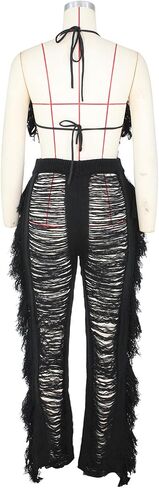 Sexy Women 2 Piece Bikini Outfits Hollow Out Tassel Halter Bra Top Long Fringe Pants Clubwear in Saudi Arabia