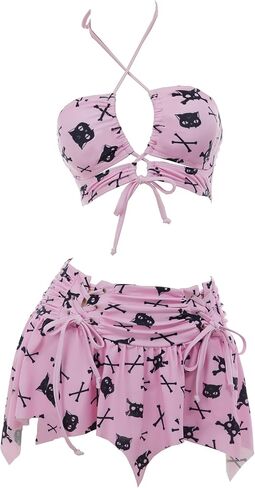 MEOWCOS Goth Bikini Swimsuit Gothic Pink Skull Bat Print Bathing Suit Dark Style Goth Swimsuit in Saudi Arabia