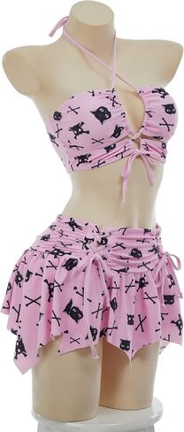 MEOWCOS Goth Bikini Swimsuit Gothic Pink Skull Bat Print Bathing Suit Dark Style Goth Swimsuit in Saudi Arabia