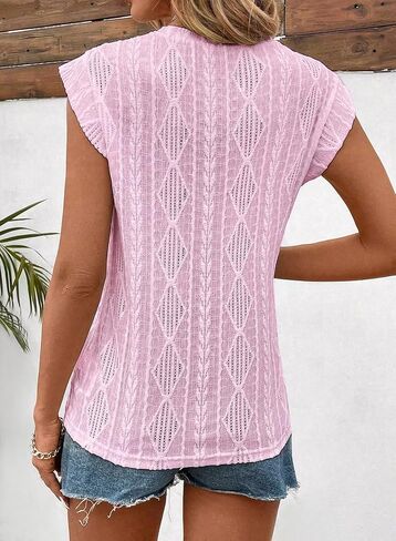 Womens Summer Tops Crew Neck Blouses Dressy Casual Short Sleeve Eyelet Hollow Out Shirts in Kuwait
