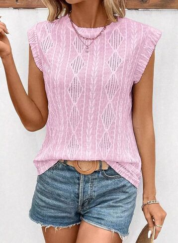 Womens Summer Tops Crew Neck Blouses Dressy Casual Short Sleeve Eyelet Hollow Out Shirts in Kuwait