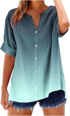 Womens Summer Ombre Shirts Gradient Color Short Sleeve Vacation Tunic Tops Oversized Tshirts V Neck Blouses Tops in Kuwait