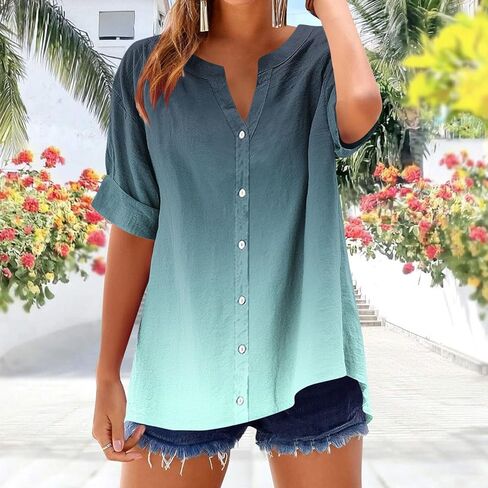 Womens Summer Ombre Shirts Gradient Color Short Sleeve Vacation Tunic Tops Oversized Tshirts V Neck Blouses Tops in Kuwait