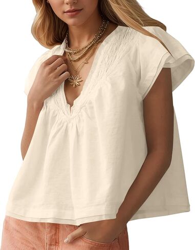 Missactiver Women's Women Short Short Sleeve Blouse Tops v Neck Ruched Babydoll Lourd Fit Flowy Summer Tunic Derts in Kuwait