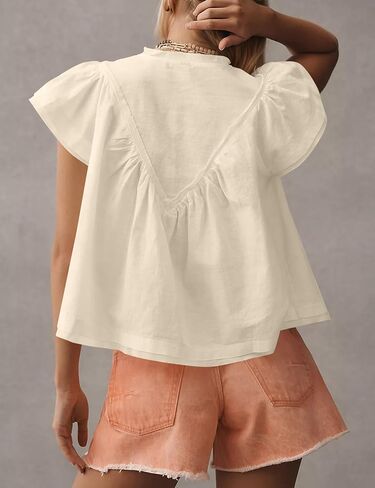 Missactiver Women's Women Short Short Sleeve Blouse Tops v Neck Ruched Babydoll Lourd Fit Flowy Summer Tunic Derts in Kuwait