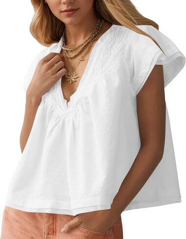 Missactiver Women's Women Short Short Sleeve Blouse Tops v Neck Ruched Babydoll Lourd Fit Flowy Summer Tunic Derts in Kuwait