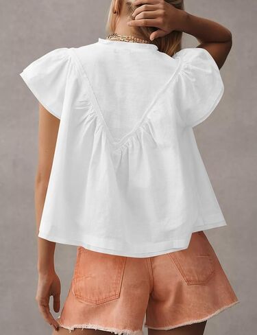 Missactiver Women's Women Short Short Sleeve Blouse Tops v Neck Ruched Babydoll Lourd Fit Flowy Summer Tunic Derts in Kuwait