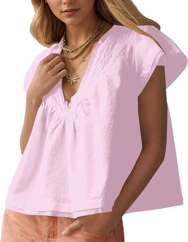 Missactiver Women's Women Short Short Sleeve Blouse Tops v Neck Ruched Babydoll Lourd Fit Flowy Summer Tunic Derts in Kuwait