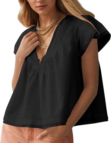 Missactiver Women's Women Short Short Sleeve Blouse Tops v Neck Ruched Babydoll Lourd Fit Flowy Summer Tunic Derts in Saudi Arabia