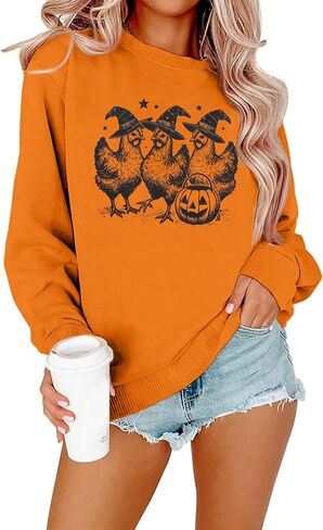 HEBBE Women Halloween Graphic Sweatshirts Halloween Chicken Sweatshirt Chickens Witch Shirts Spooky Pullover Top in Saudi Arabia