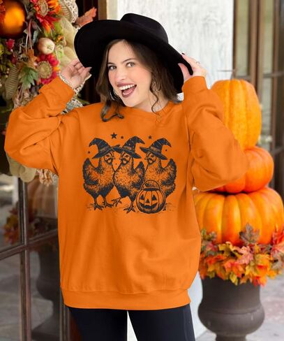 HEBBE Women Halloween Graphic Sweatshirts Halloween Chicken Sweatshirt Chickens Witch Shirts Spooky Pullover Top in Saudi Arabia
