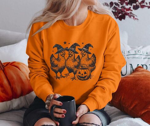 HEBBE Women Halloween Graphic Sweatshirts Halloween Chicken Sweatshirt Chickens Witch Shirts Spooky Pullover Top in Saudi Arabia
