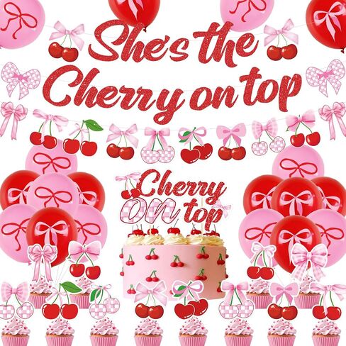Cherry Birthday Party Decorations - Cherries Fruit Banner Cherry Balloons for Birthday Decorations Happy 1st 2nd Party Supplies for Girls in Kuwait