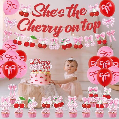 Cherry Birthday Party Decorations - Cherries Fruit Banner Cherry Balloons for Birthday Decorations Happy 1st 2nd Party Supplies for Girls in Kuwait