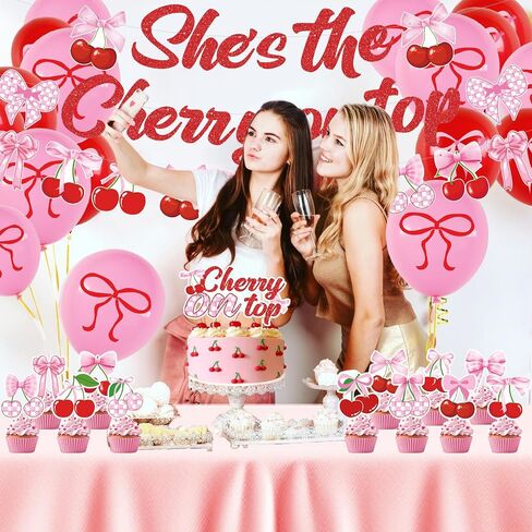 Cherry Birthday Party Decorations - Cherries Fruit Banner Cherry Balloons for Birthday Decorations Happy 1st 2nd Party Supplies for Girls in Kuwait