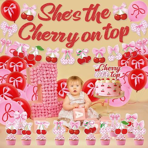 Cherry Birthday Party Decorations - Cherries Fruit Banner Cherry Balloons for Birthday Decorations Happy 1st 2nd Party Supplies for Girls in Kuwait
