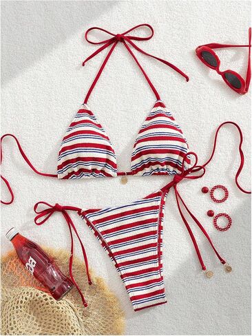 WDIRARA Women's 2 Piece Striped Bikini Set Halter Swimsuits Triangle String Bathing Suit in Saudi Arabia