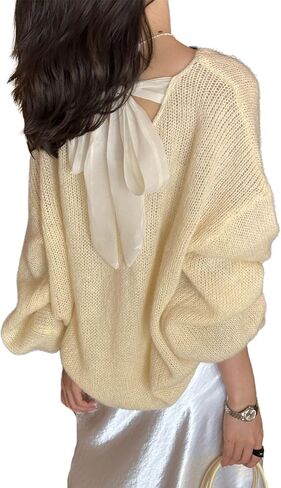 Fondthy Women’s Bow Sweater Cute Tie Back Back Crewneck Long Sleeve Tops Trops Trops Edgens in Kuwait
